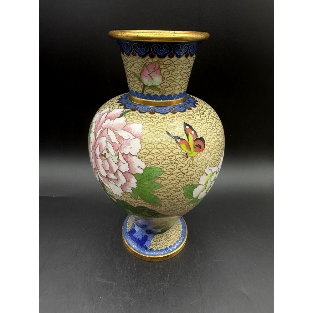 Chinese Cloisonné Enamel Peony Butterfly Baluster Vase 10.5"